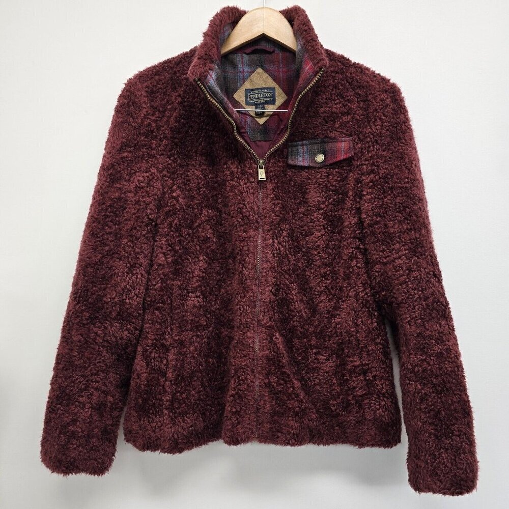 Pendleton Fuzzy Zip Jacket Sherpa Coat Womens Small S Red Maroon Full Zip